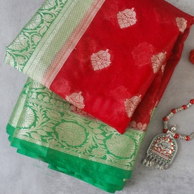 Saree indien complet satiné rouge et vert