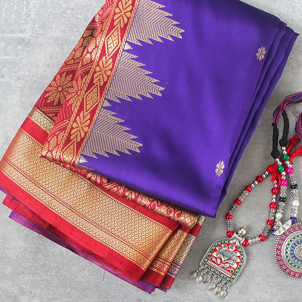 Saree indien complet satiné bleu et bordeaux