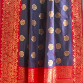 Saree indien complet satiné bleu et rouge