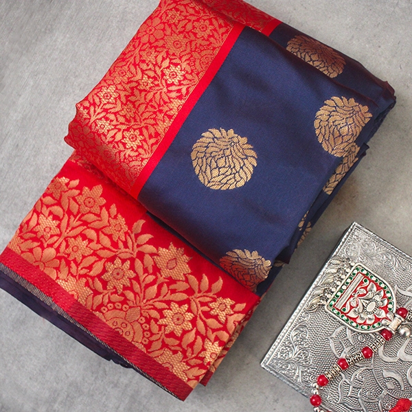 Indian saree satin fabric Blue and red