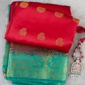 Indian saree satin fabric Red and cyan