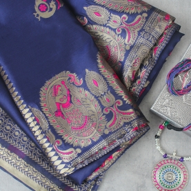 Saree indien complet satiné bleu et rose