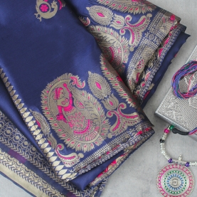Indian saree satin fabric Blue and pink
