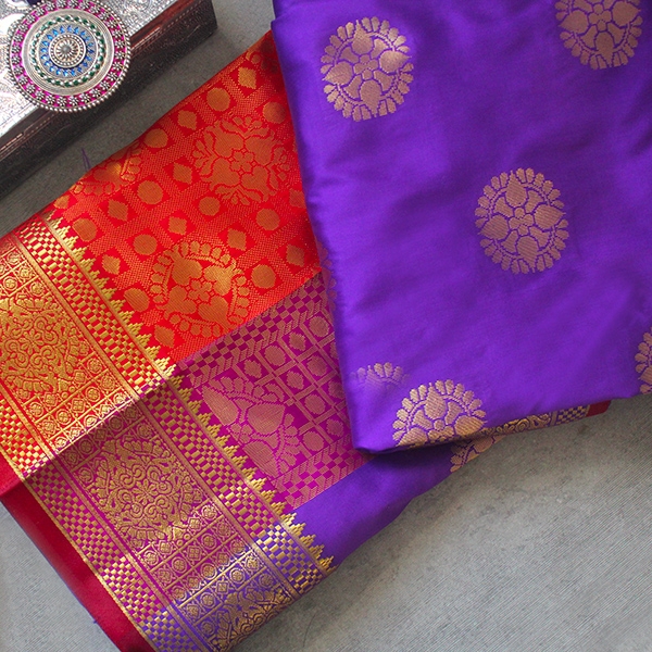 Saree indien complet satiné violet et rouge