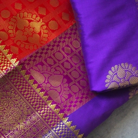 Saree indien complet satiné violet et rouge