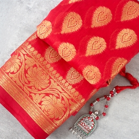 Saree indien complet coton rouge et doré