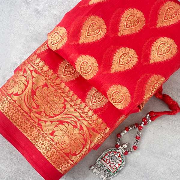 Saree indien complet coton rouge et doré