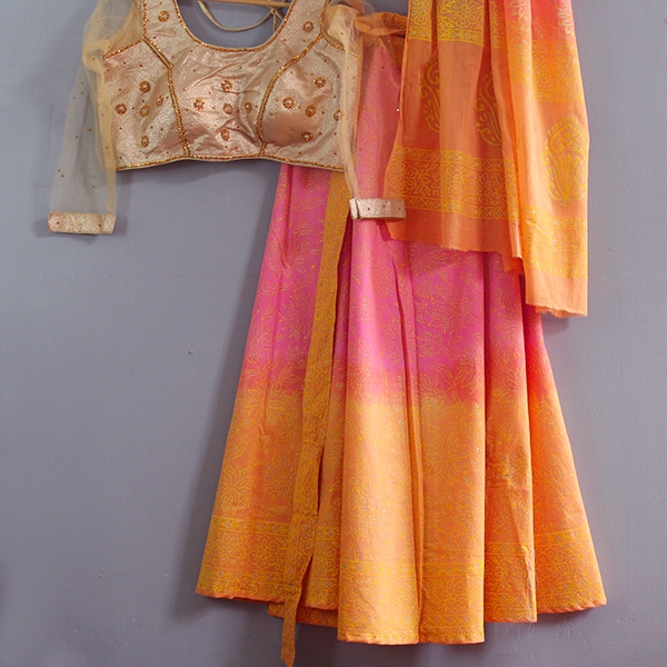 Indian cotton skirt Sanganeri print pink and orange