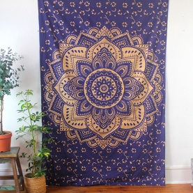 Indian cotton wall hanging Lotus gold & blue