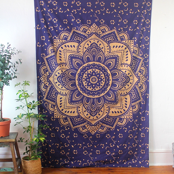 Indian cotton wall hanging Lotus gold & blue