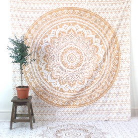 Tenture murale indienne Lotus or et blanc