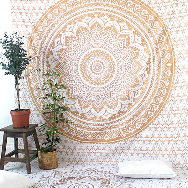 Indian cotton wall hanging Lotus gold & white