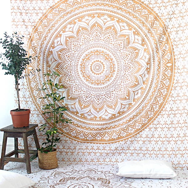 Indian cotton wall hanging Lotus gold & white