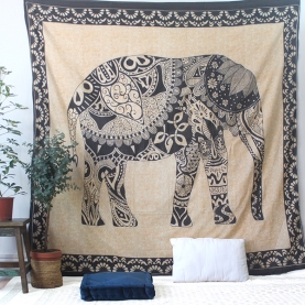 Tenture murale indienne éléphant noir et beige