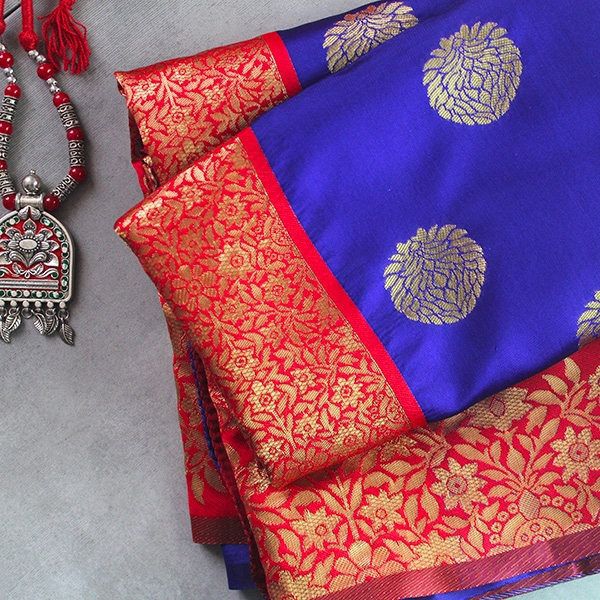 Saree indien complet satiné bleu et rouge