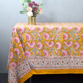 Indian handcrafted printed table cover yellow and pink