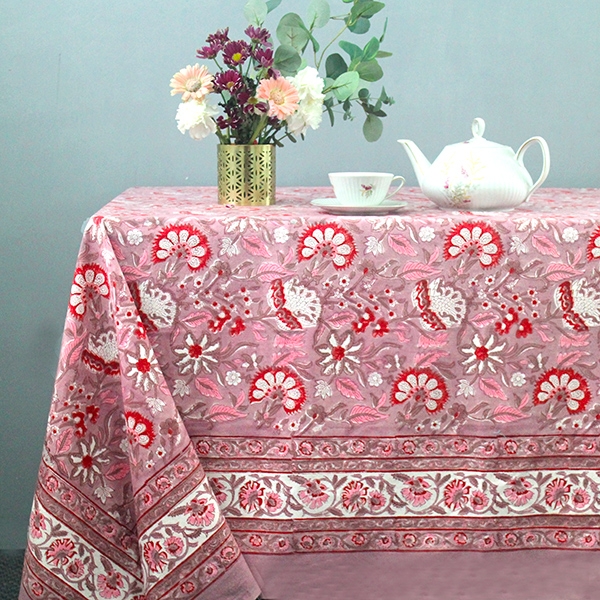 Nappe indienne coton imprimée parme et rose