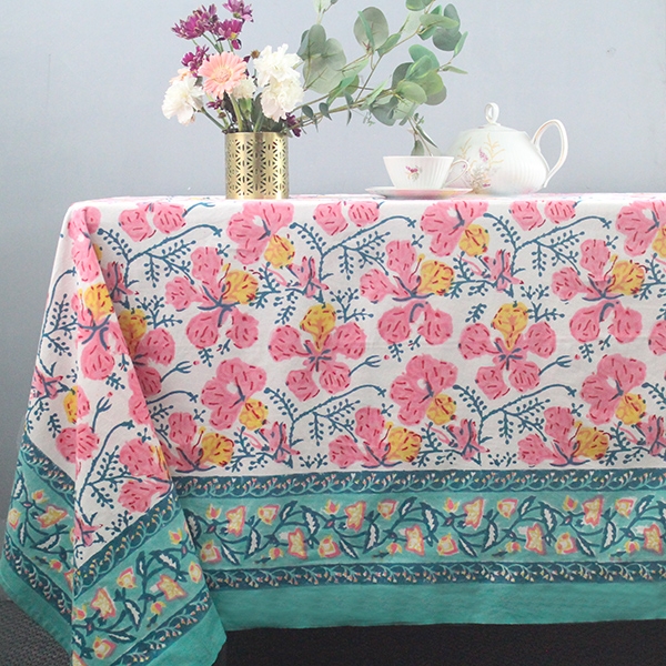 Indian handcrafted printed table cover cyan and pink