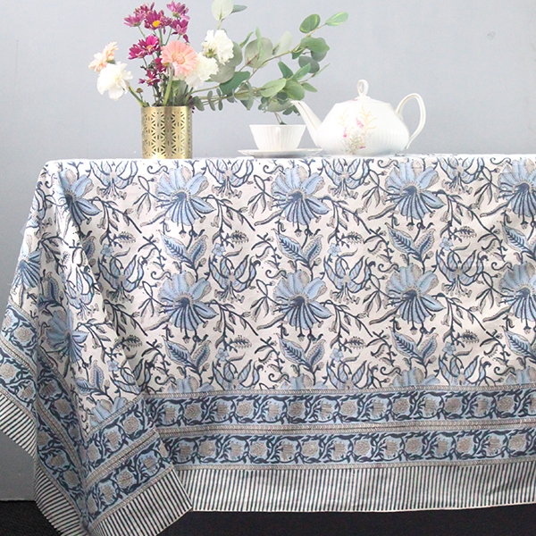 Indian handcrafted printed table cover white and blue