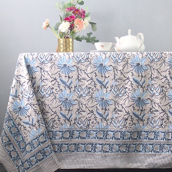 Nappe indienne coton imprimée bleue et grise