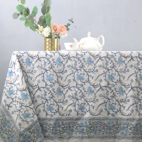 Nappe indienne coton imprimée bleue et blanche