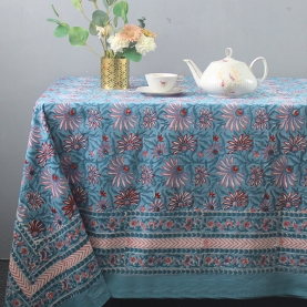 Nappe indienne coton imprimée bleue et rose