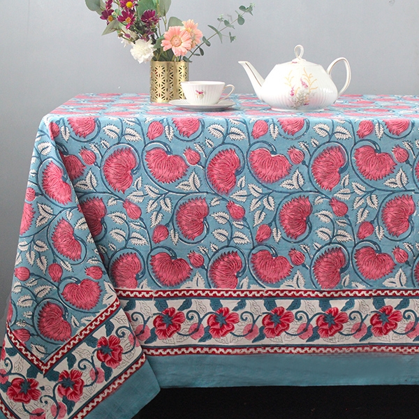 Indian handcrafted printed table cover blue and pink