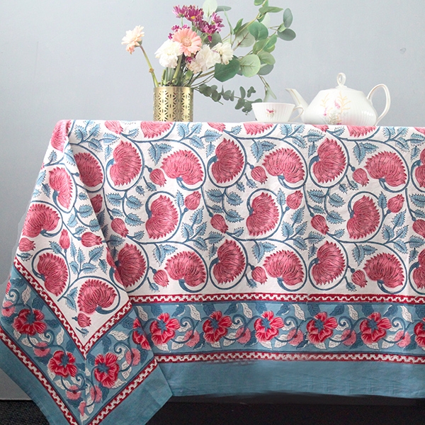 Nappe indienne coton imprimée bleue et rose