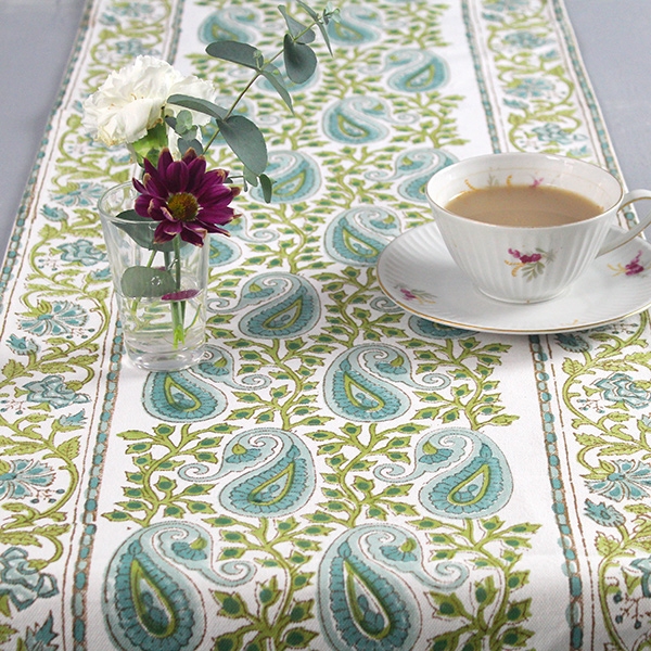 Indian handcrafted cotton table runner blue and green