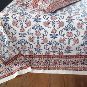 Drap de lit indien avec taies d'oreiller bordeaux et bleu