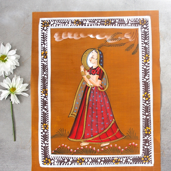 Indian miniature painting woman red and yellow