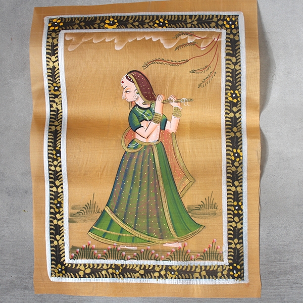 Indian miniature painting woman green and yellow