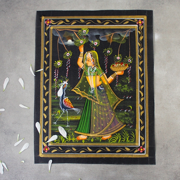 Peinture miniature femme et paon indiens noir