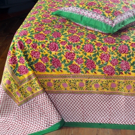Drap de lit indien avec taies d'oreiller jaune et vert