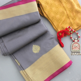 Saree indien complet satiné gris et or