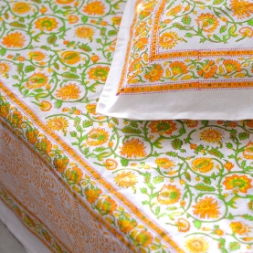 Drap de lit indien avec taies d'oreiller jaune et vert