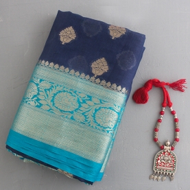 Saree indien complet coton bleu marine