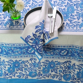 Nappe indienne en coton avec serviettes bleu et blanc