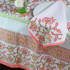 Indian tablecloth with napkins cotton green and peach
