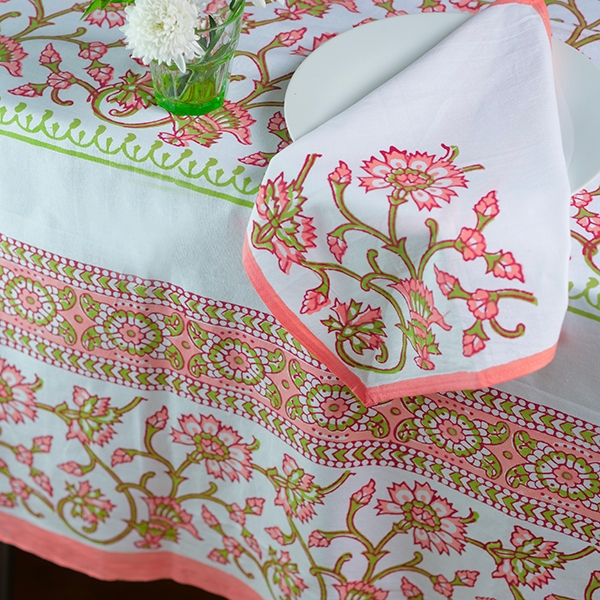 Nappe indienne en coton avec serviettes vert et pêche