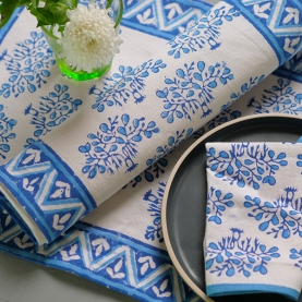 Indian printed cotton table mat + napkins x6 blue