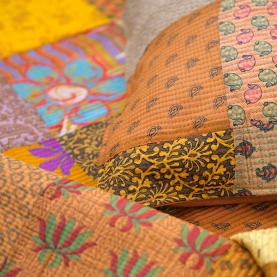 Couvre-lit indien Kantha patchwork avec taies Orange