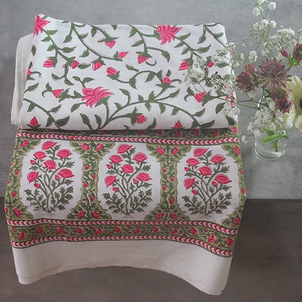 Indian handcrafted printed table cover green and pink