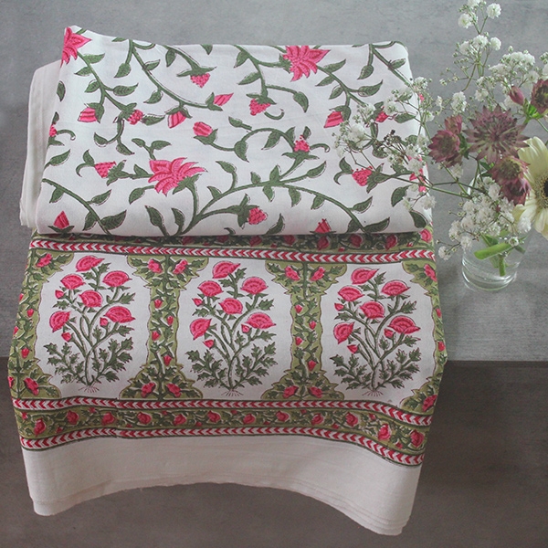Indian handcrafted printed table cover green and pink