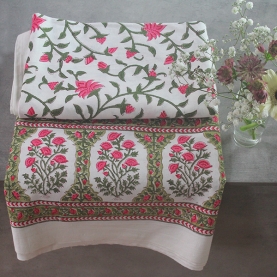 Nappe indienne coton imprimée verte et rose