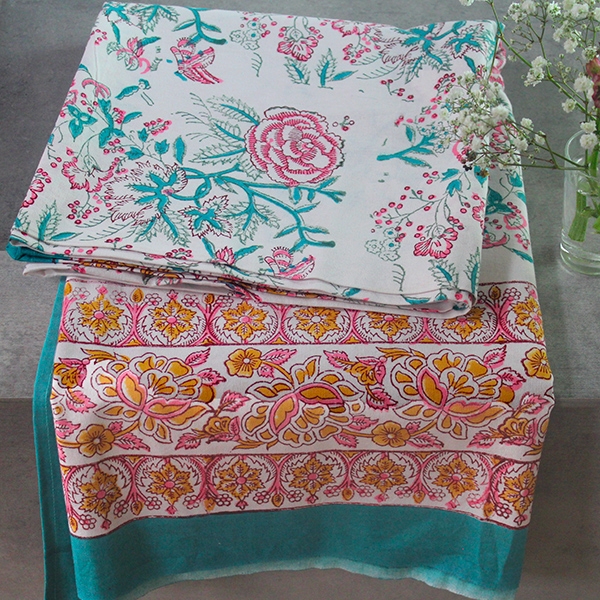 Indian cotton printed table cover blue and pink