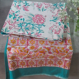 Indian cotton printed table cover blue and pink