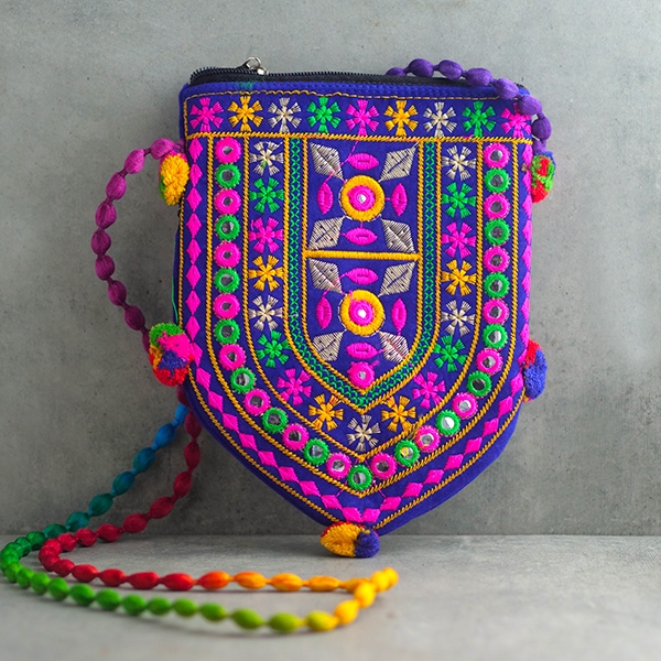 Indian handcrafted small handbag velvet blue