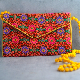 Pochette indienne artisanale Kuch orange et jaune