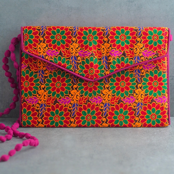 Indian handicrafted handbag Kuch pink and orange